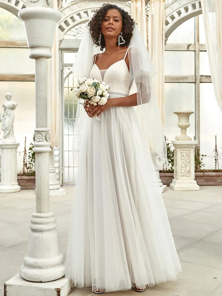 Lace V-Neck Spaghetti Strap Empire Waist Tulle  Wedding Dress