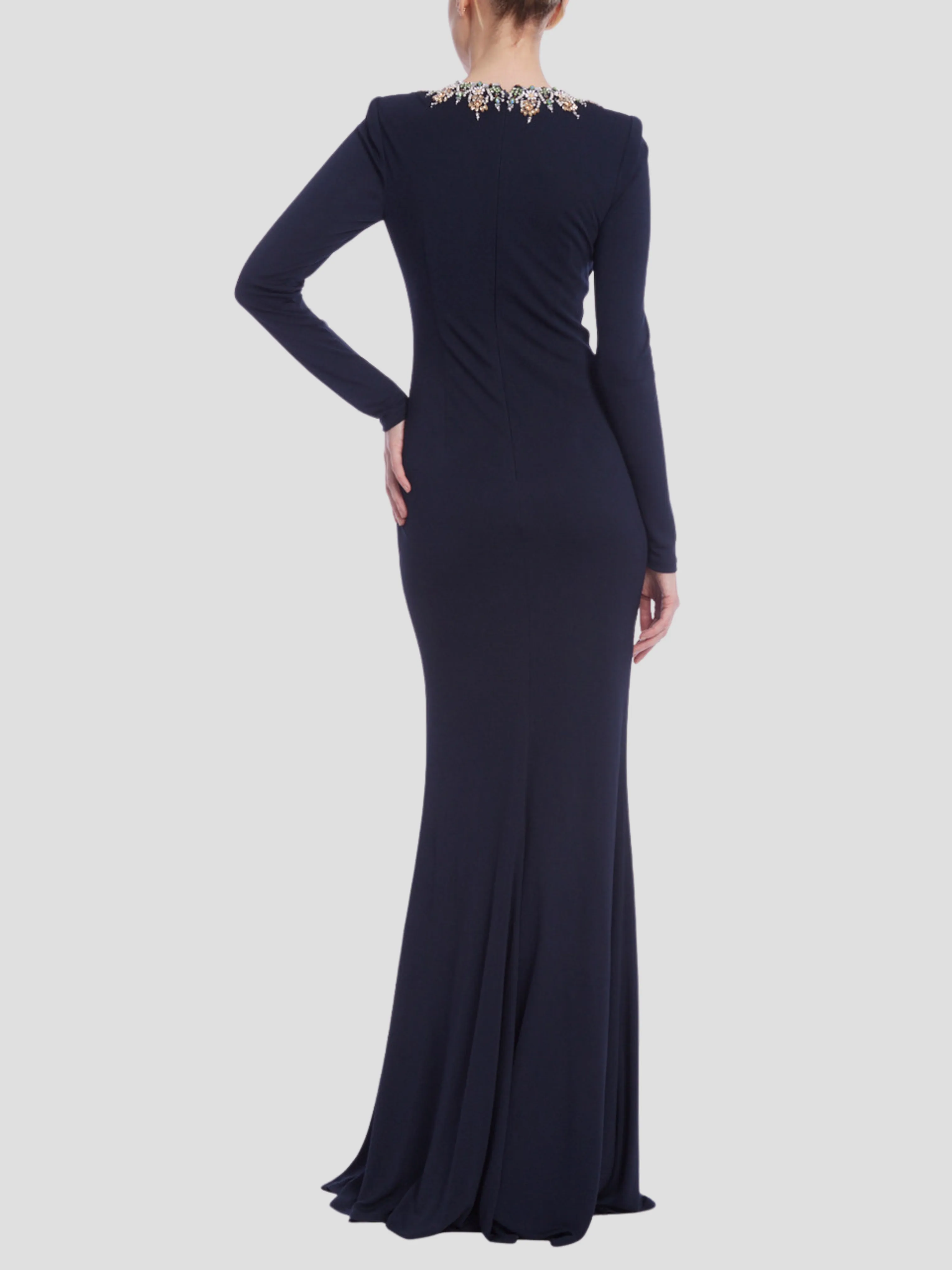 Long Sleeve Beaded High Neck Gown in Navy