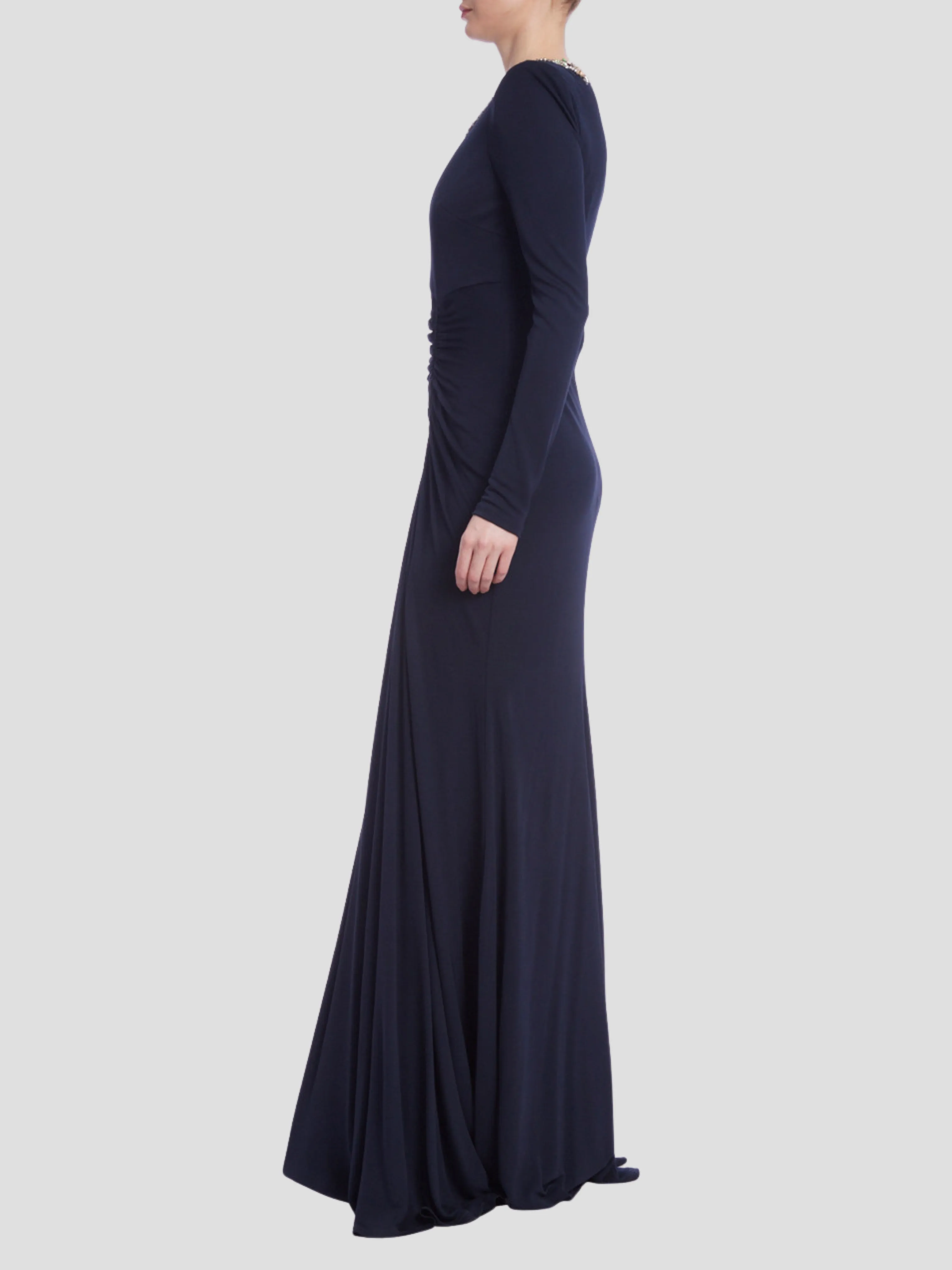 Long Sleeve Beaded High Neck Gown in Navy