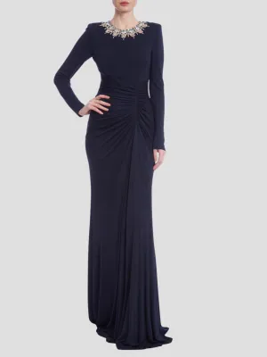 Long Sleeve Beaded High Neck Gown in Navy