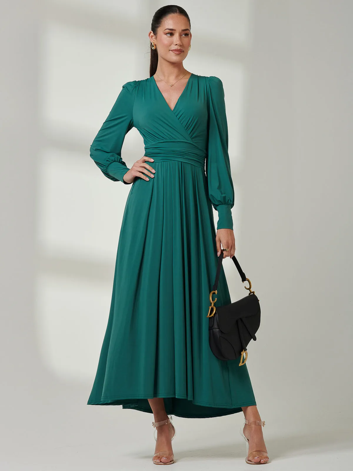 Long Sleeve Super Soft Jersey Maxi Dress, Peacock Green