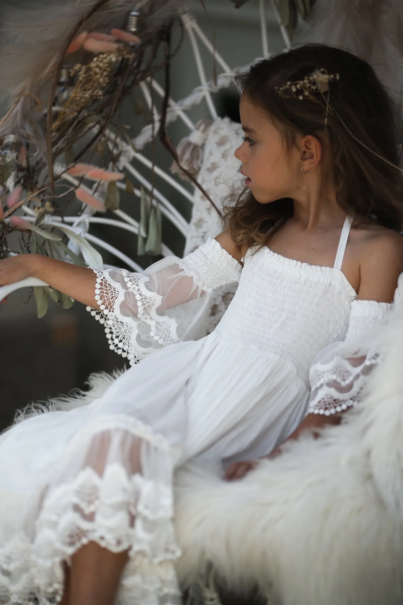 Maya - Ivory Girls Dress with Lace Sleeves