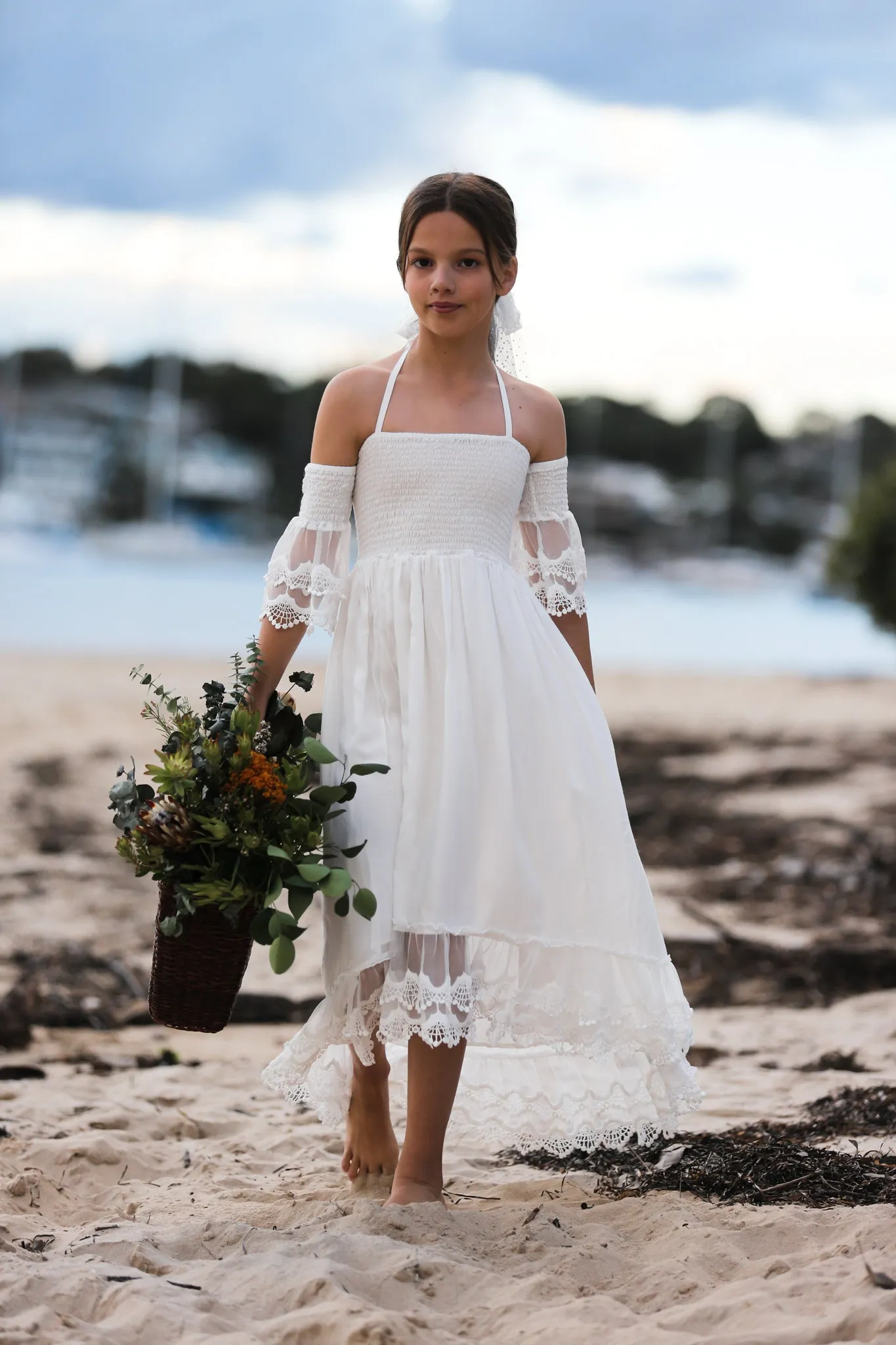 Maya - Ivory Girls Dress with Lace Sleeves