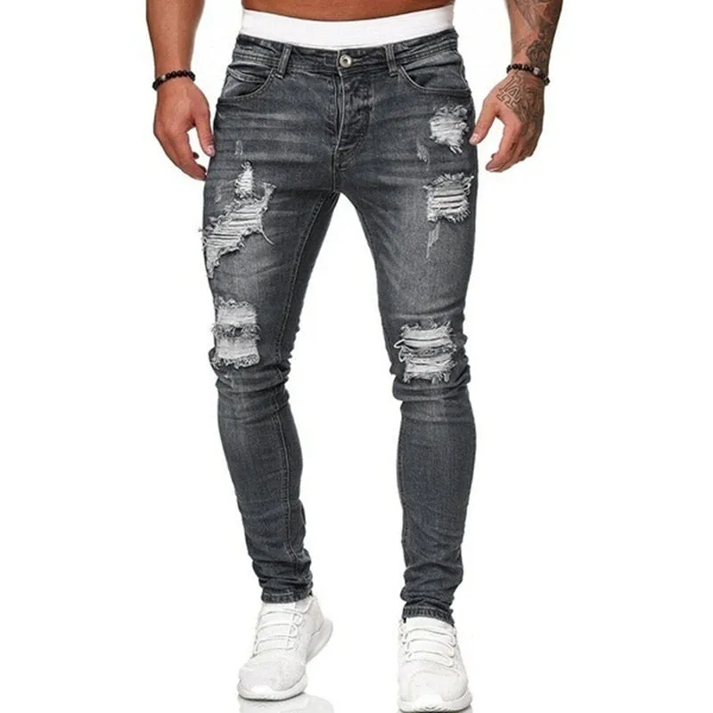 Men's Jeans Fashion Street Style Ripped Skinny Denim Slim Casual Fit Pants - MJN0067