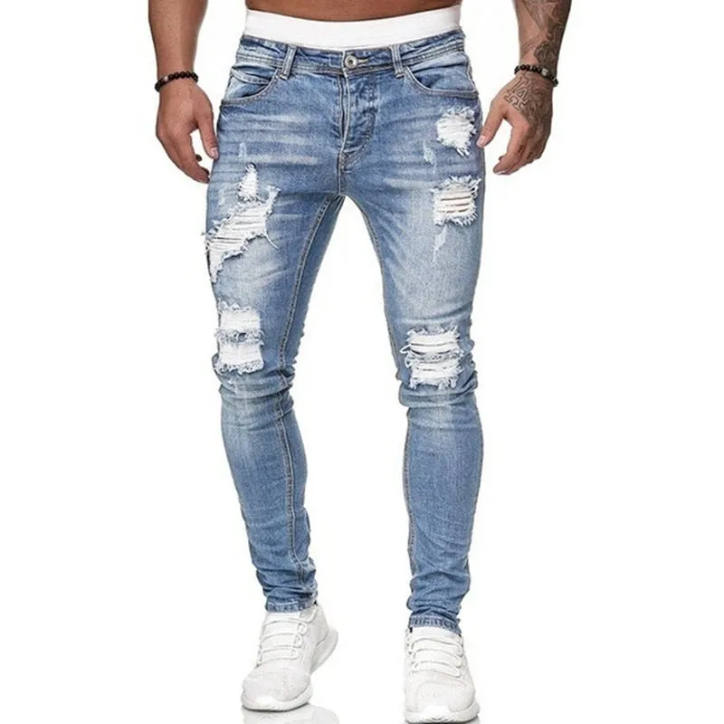 Men's Jeans Fashion Street Style Ripped Skinny Denim Slim Casual Fit Pants - MJN0067