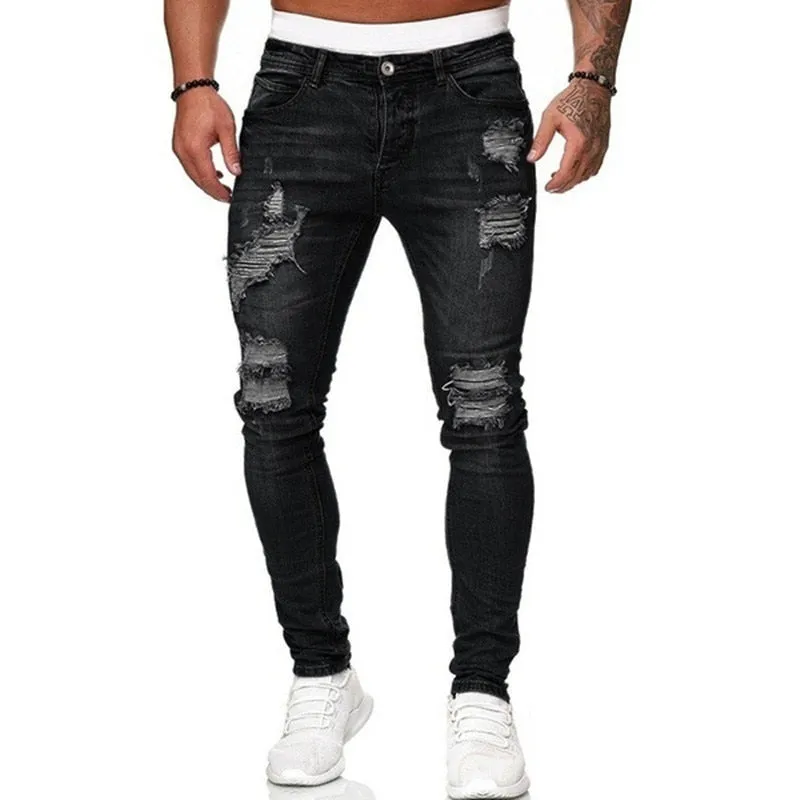 Men's Jeans Fashion Street Style Ripped Skinny Denim Slim Casual Fit Pants - MJN0067