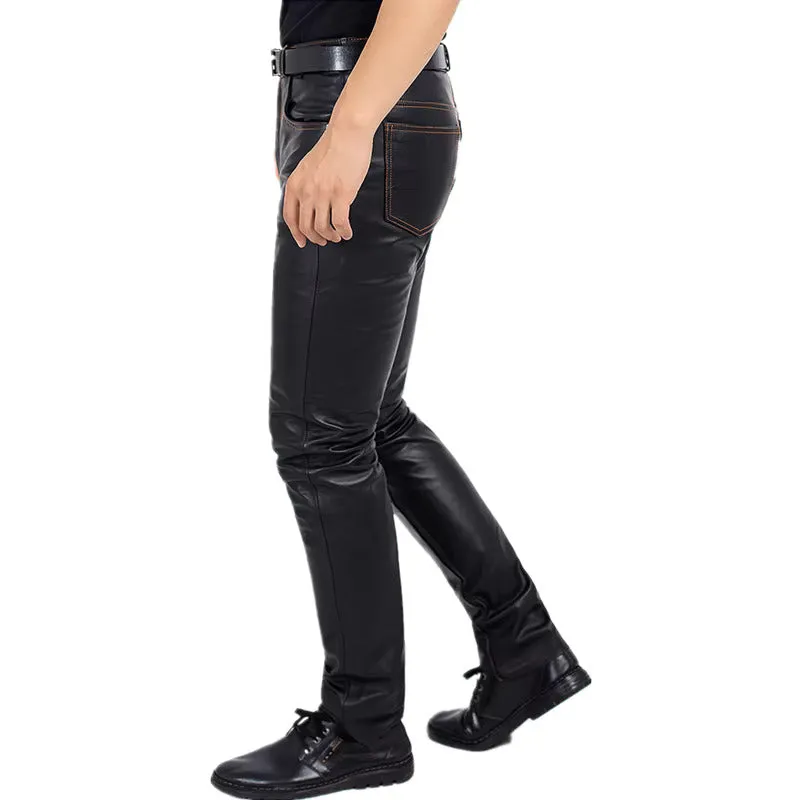 Men's Slim Fit Genuine Leather Pants - Elongated Straight First Layer Leather