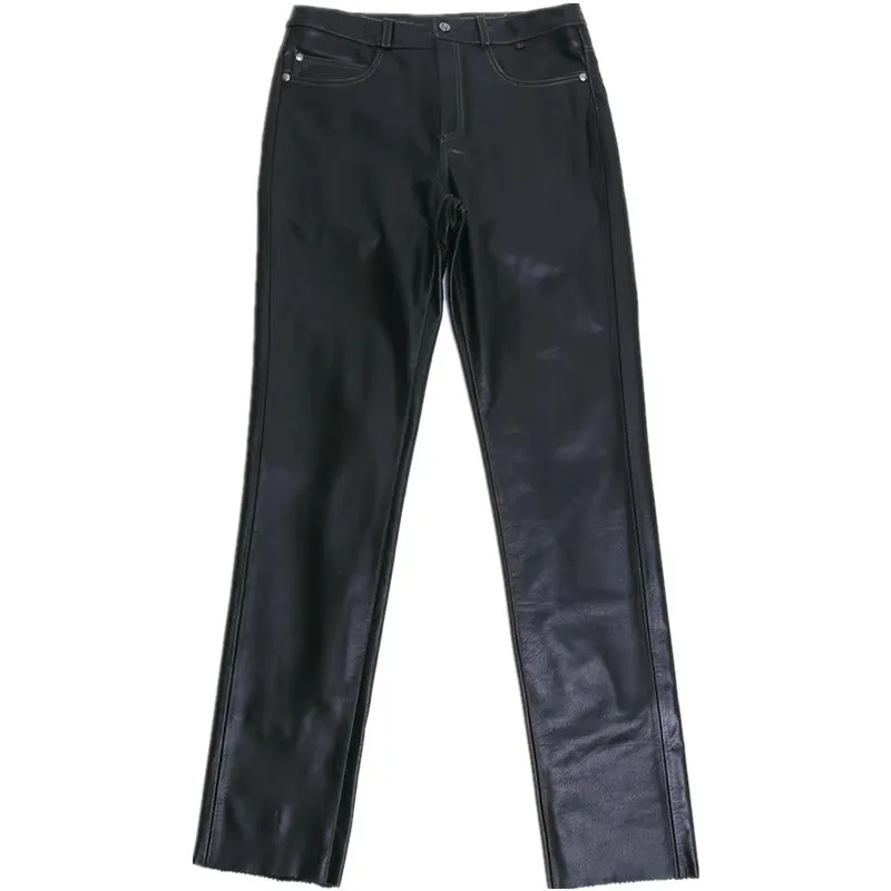 Men's Slim Fit Genuine Leather Pants - Elongated Straight First Layer Leather