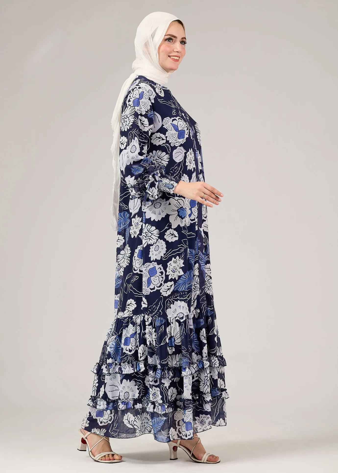 Nidaa Floral Chiffon Modest Dress with Tiered Ruffle Hem and Flared Sleeves