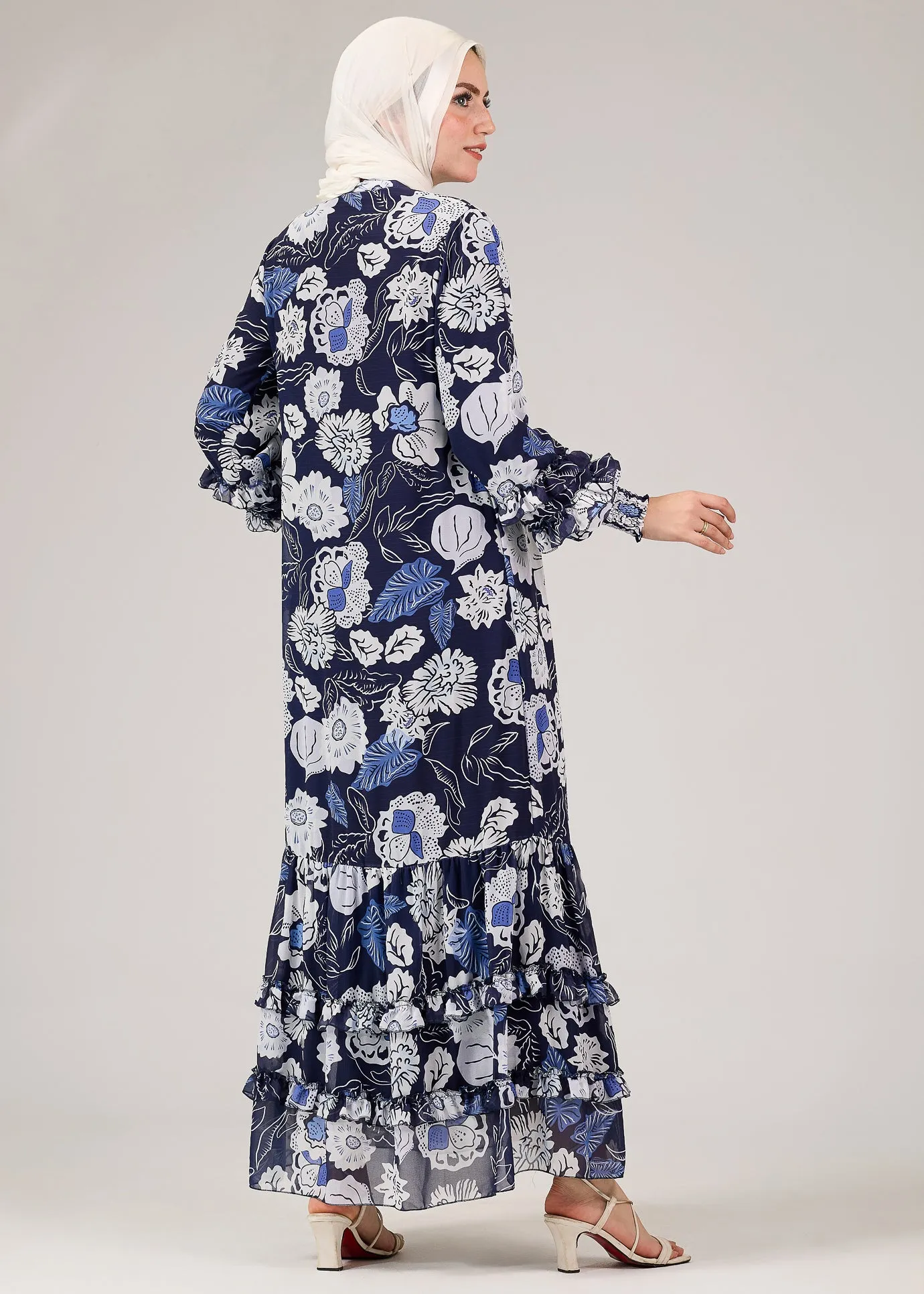 Nidaa Floral Chiffon Modest Dress with Tiered Ruffle Hem and Flared Sleeves