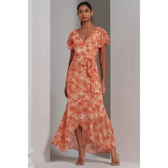 Orange Floral Print Wrap Top Maxi Dress With Angel Sleeves