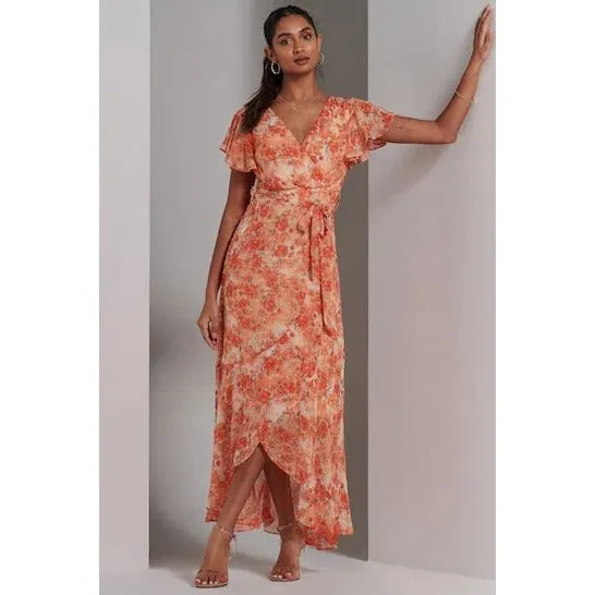 Orange Floral Print Wrap Top Maxi Dress With Angel Sleeves