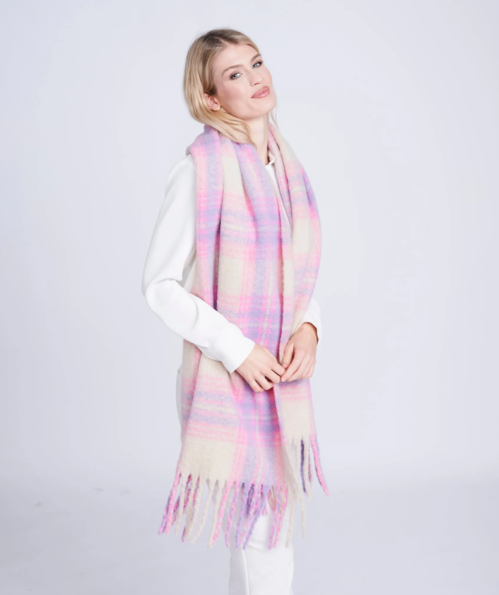 Pastel Coloured Oversized Blanket Scarf with Fringed Hemline