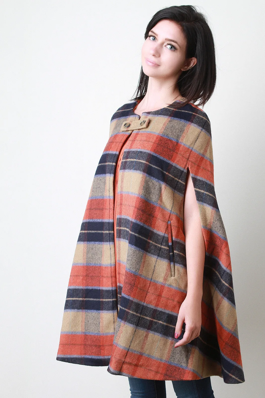 Plaid Armhole Slit Cape