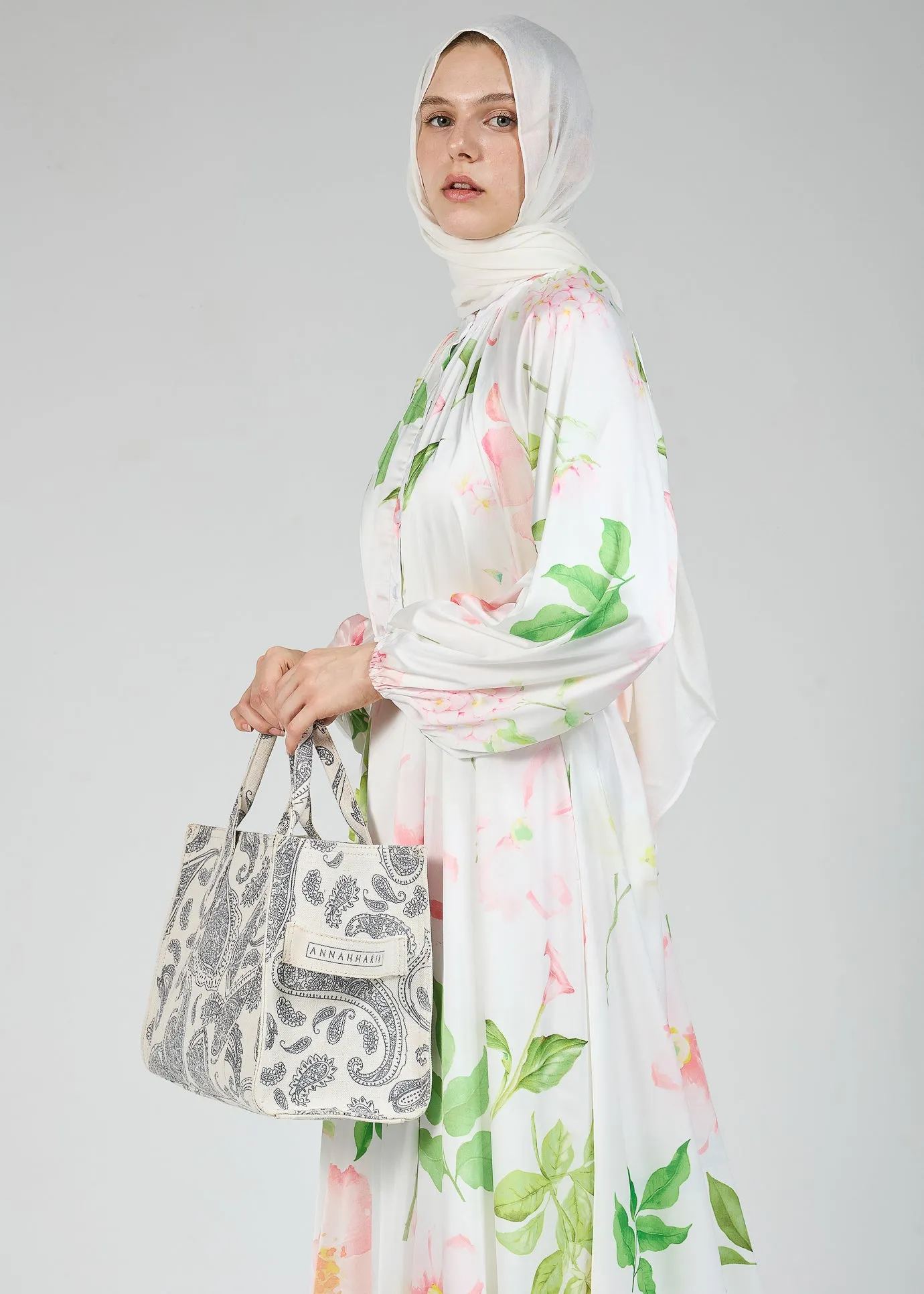 Ruqayya Graceful Satin Floral Long Sleeve White Dress with Belt