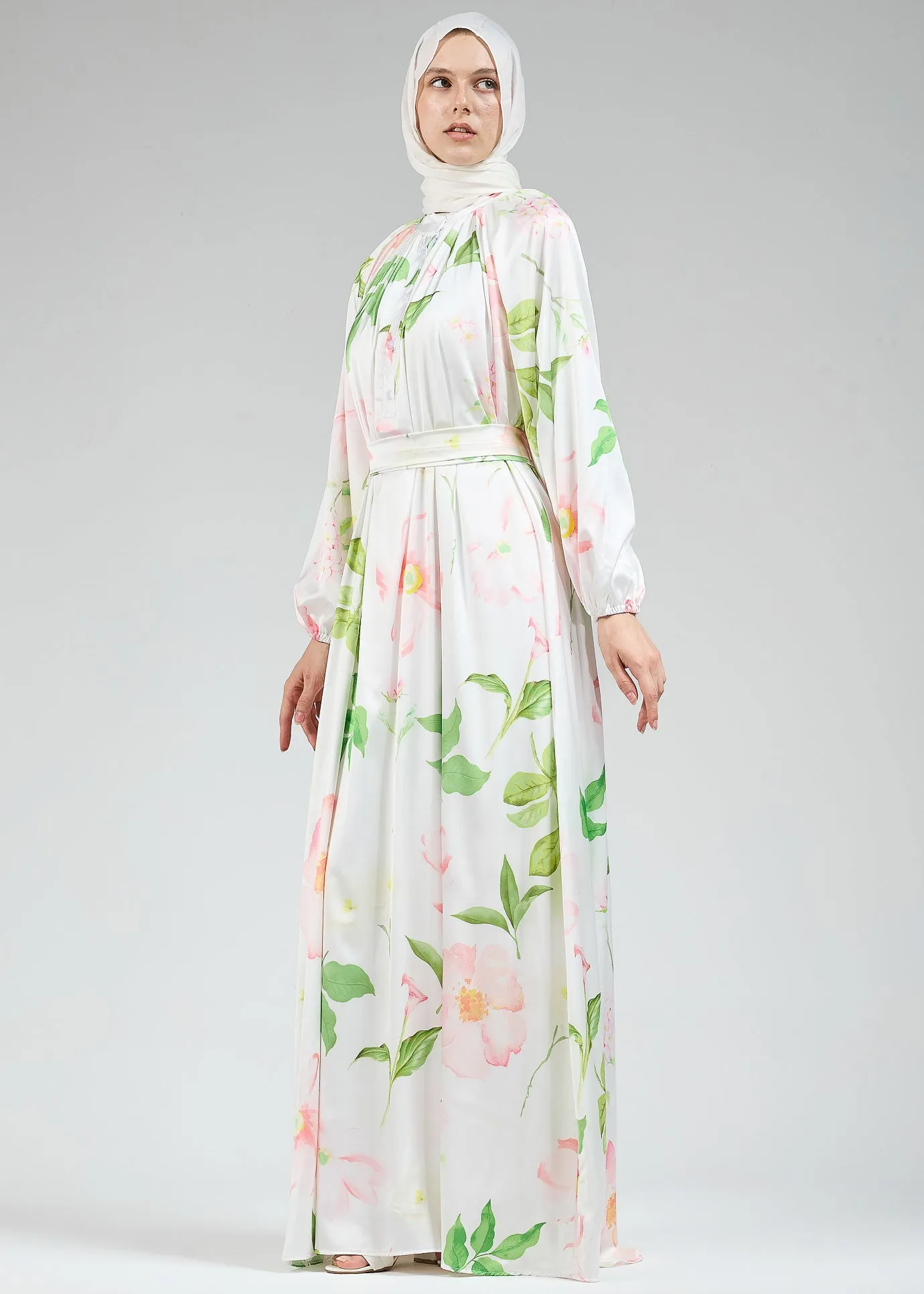 Ruqayya Graceful Satin Floral Long Sleeve White Dress with Belt