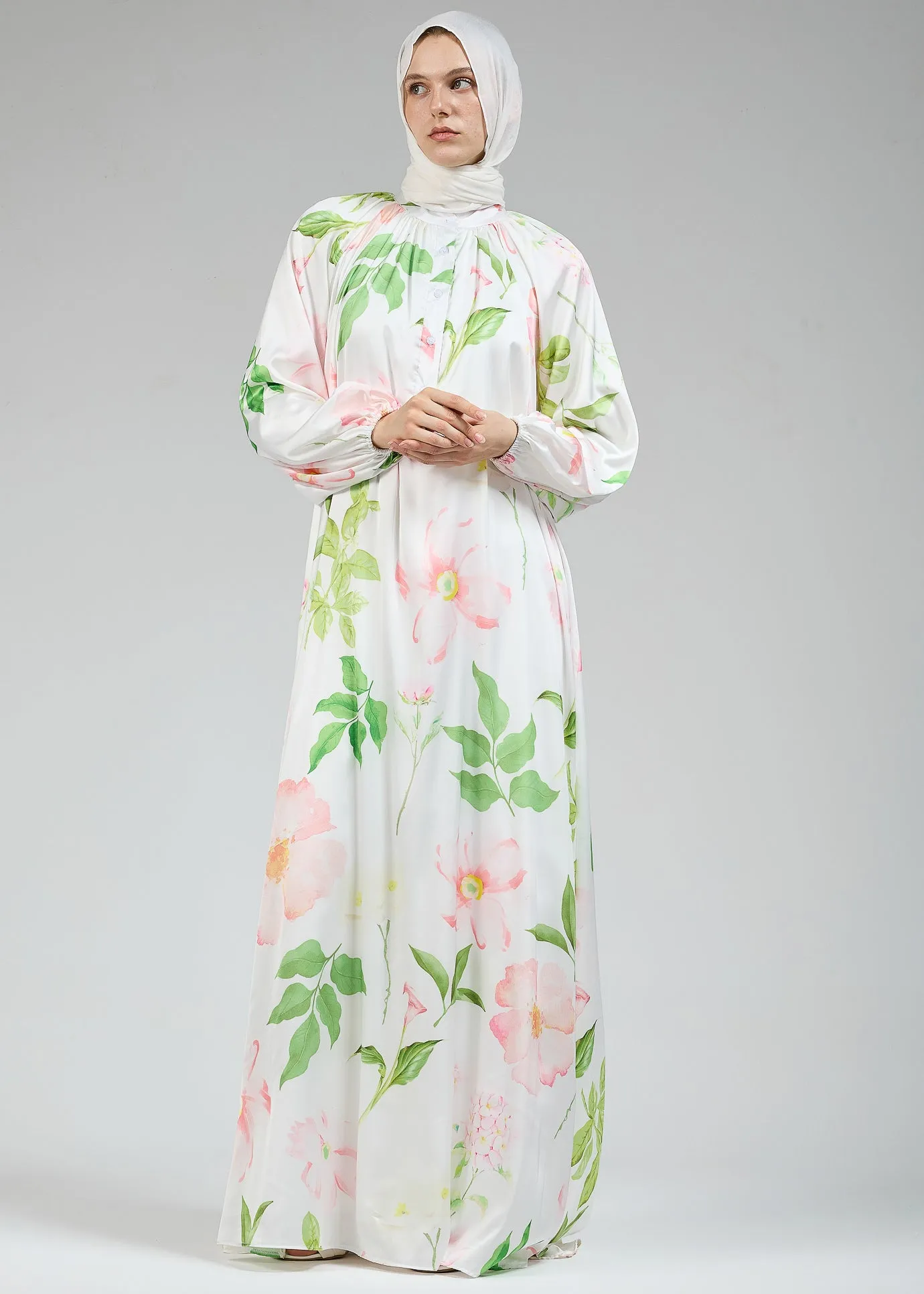 Ruqayya Graceful Satin Floral Long Sleeve White Dress with Belt