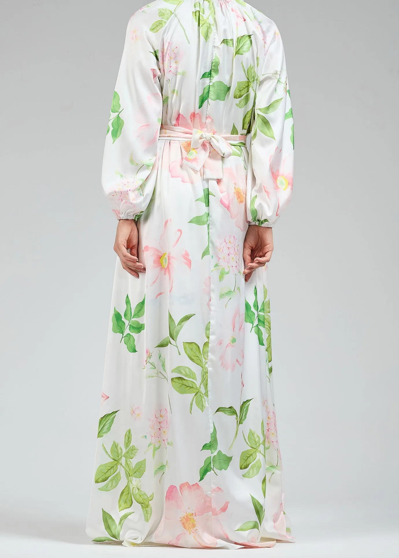 Ruqayya Graceful Satin Floral Long Sleeve White Dress with Belt