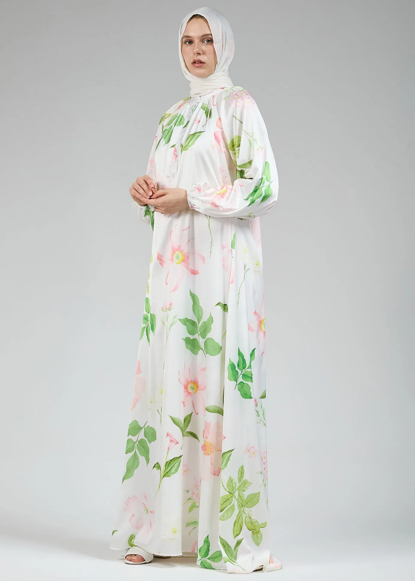 Ruqayya Graceful Satin Floral Long Sleeve White Dress with Belt