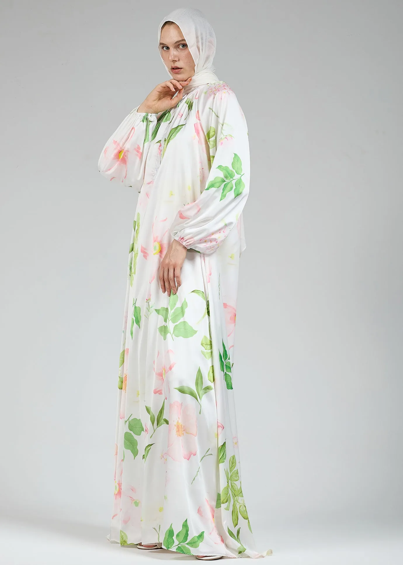 Ruqayya Graceful Satin Floral Long Sleeve White Dress with Belt