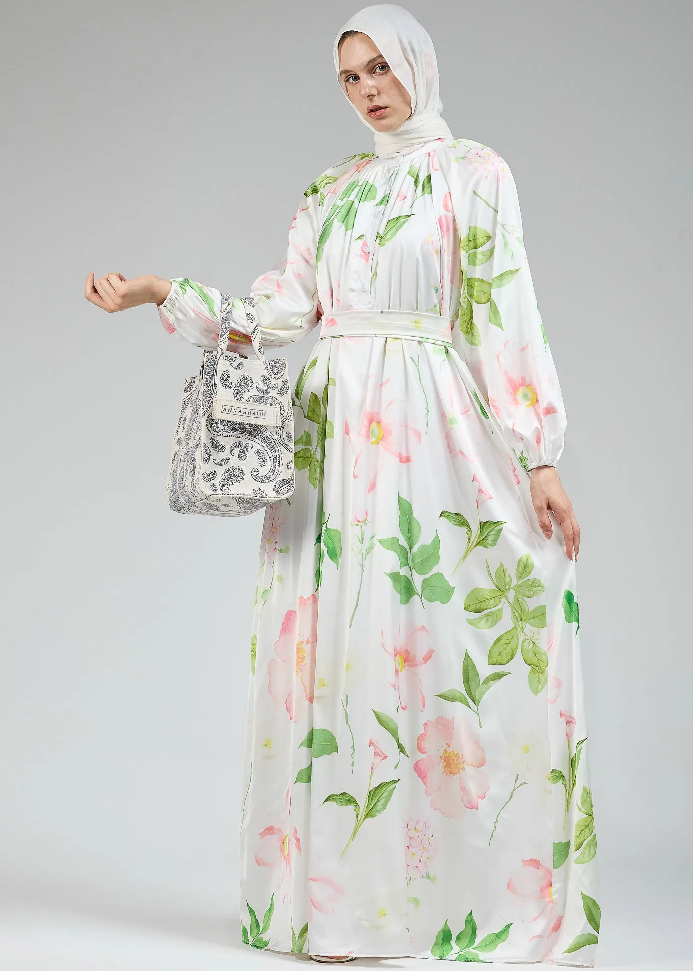 Ruqayya Graceful Satin Floral Long Sleeve White Dress with Belt