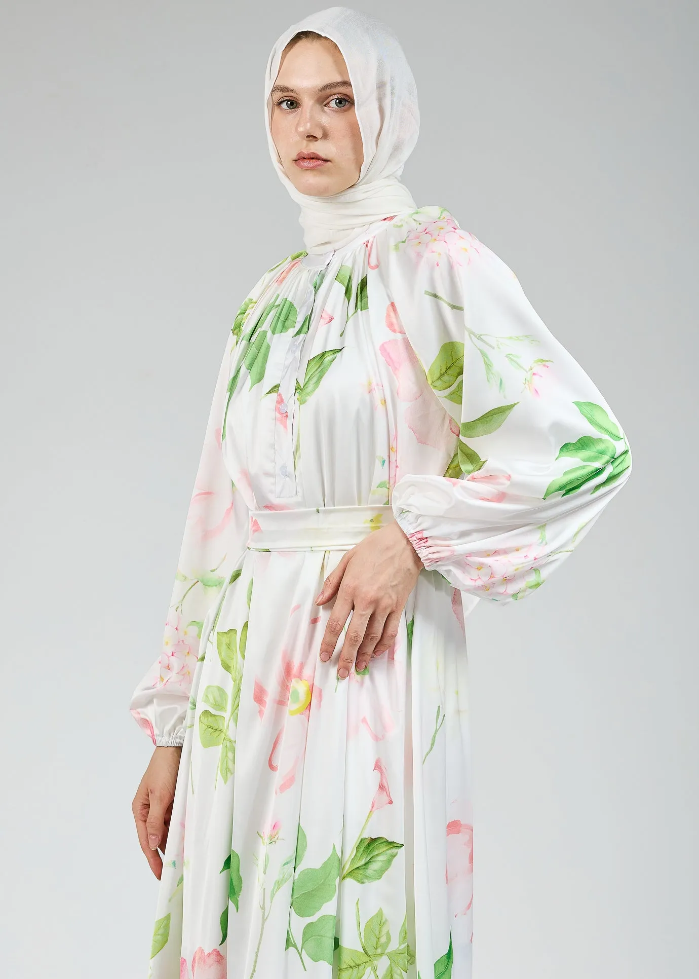 Ruqayya Graceful Satin Floral Long Sleeve White Dress with Belt