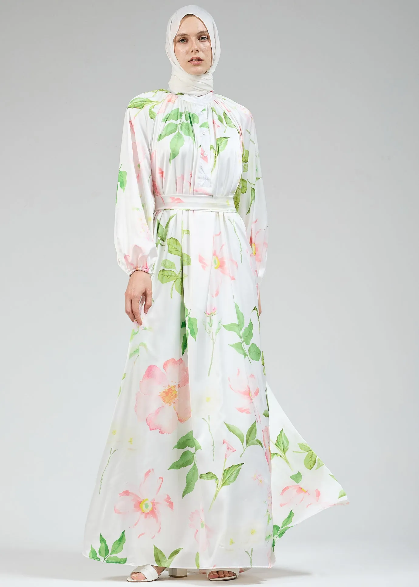 Ruqayya Graceful Satin Floral Long Sleeve White Dress with Belt