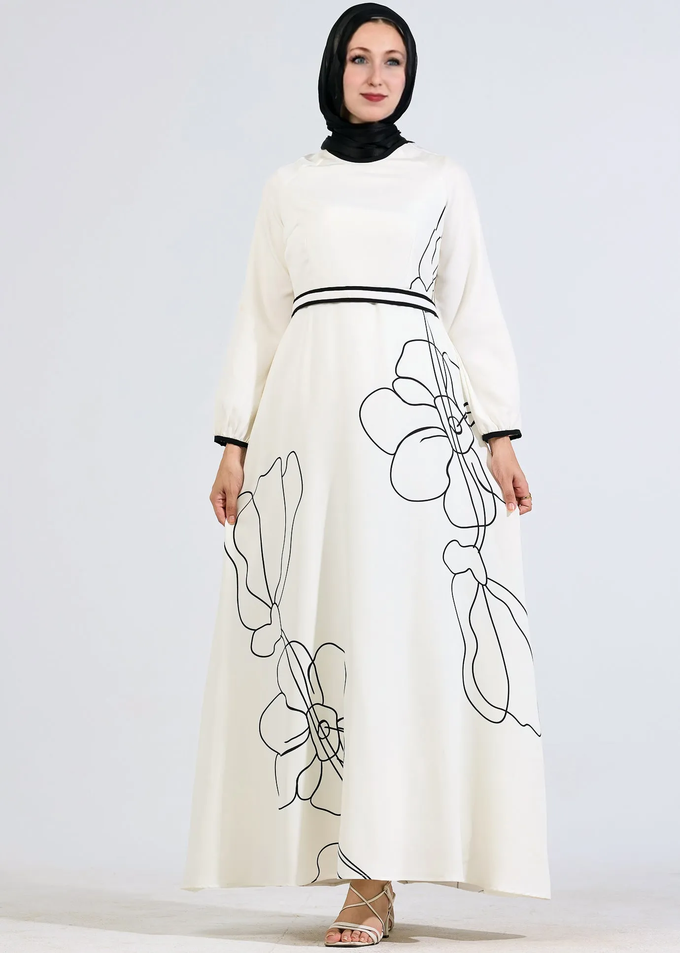 Sanaa Monochrome Elegance Crepe Polyester Maxi Dress with Floral Outline