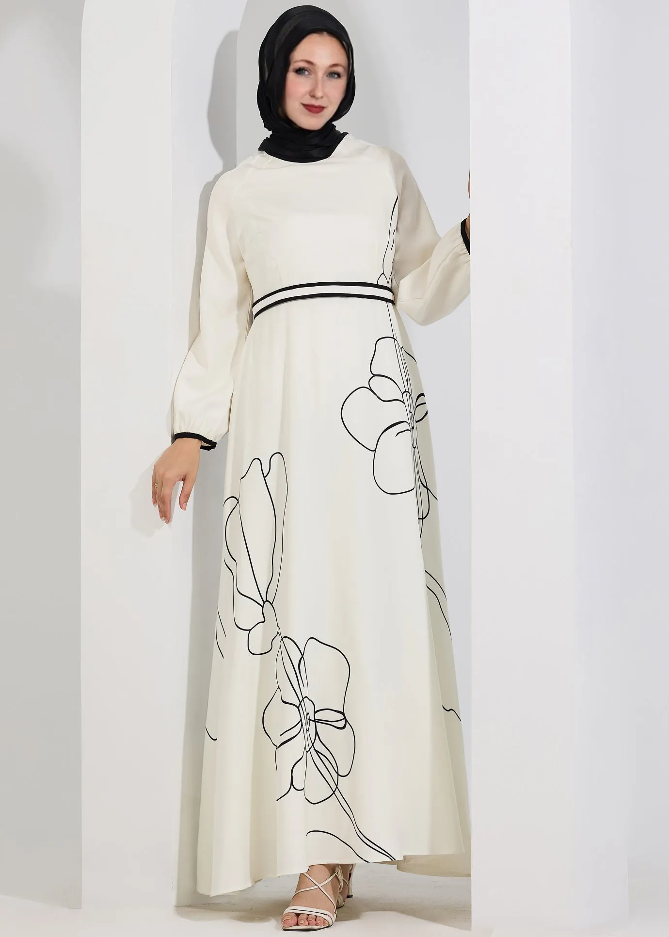 Sanaa Monochrome Elegance Crepe Polyester Maxi Dress with Floral Outline