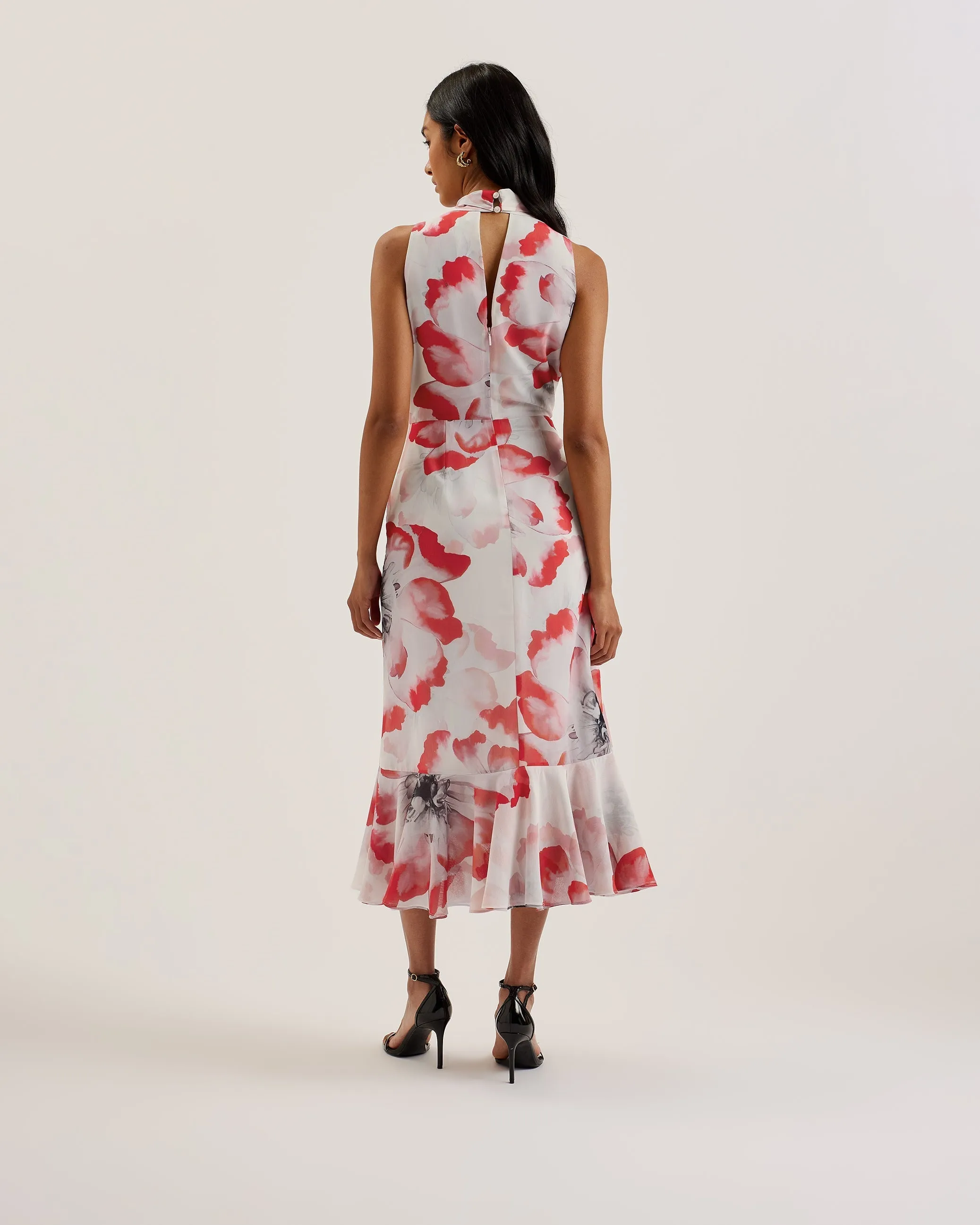 Selino Tie Neck Printed Midi Dress Ivory