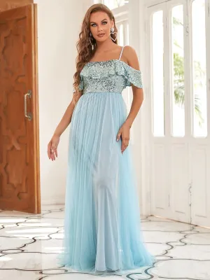 Sequin Ruffled Cold Shoulder Bridesmaid Dress