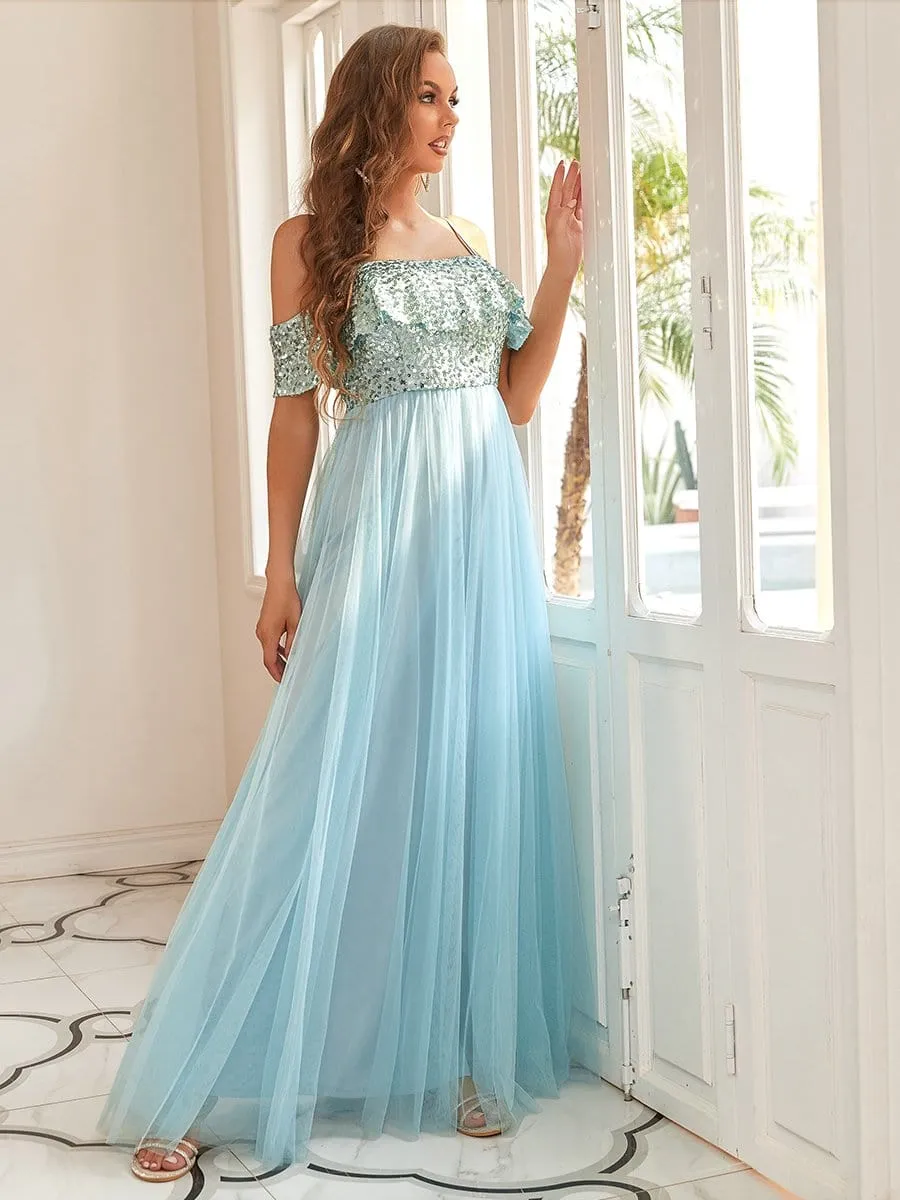 Sequin Ruffled Cold Shoulder Bridesmaid Dress