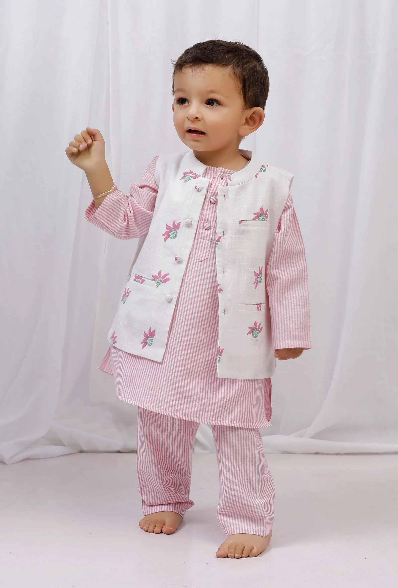 Set of 3: Pink striped Cotton Kurta and Pajama with Pink Striped Floral Nehru Jacket