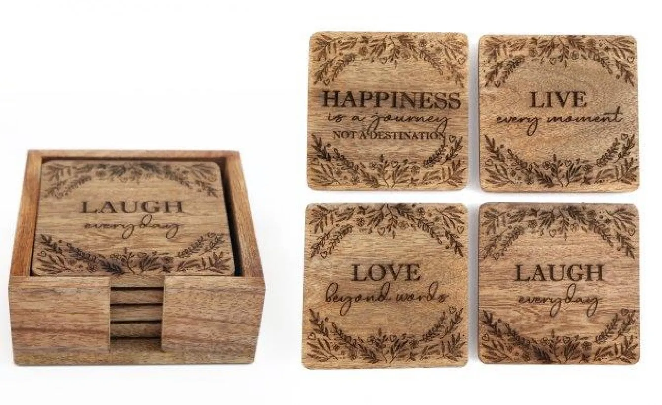 Set of 4 Wooden Square Coasters with Inspirational Engravings