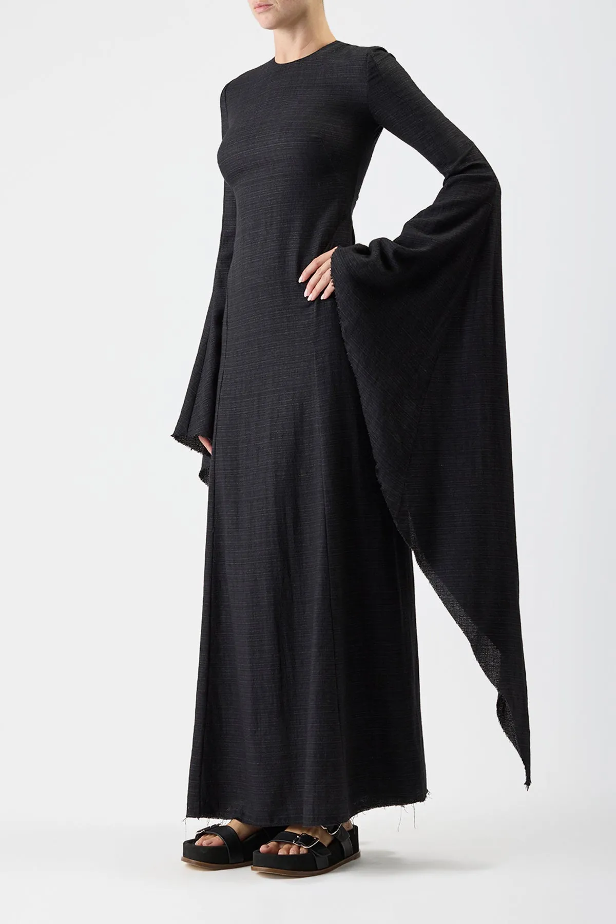 Sigrud Draped Maxi Dress in Black Wool Silk Gauze