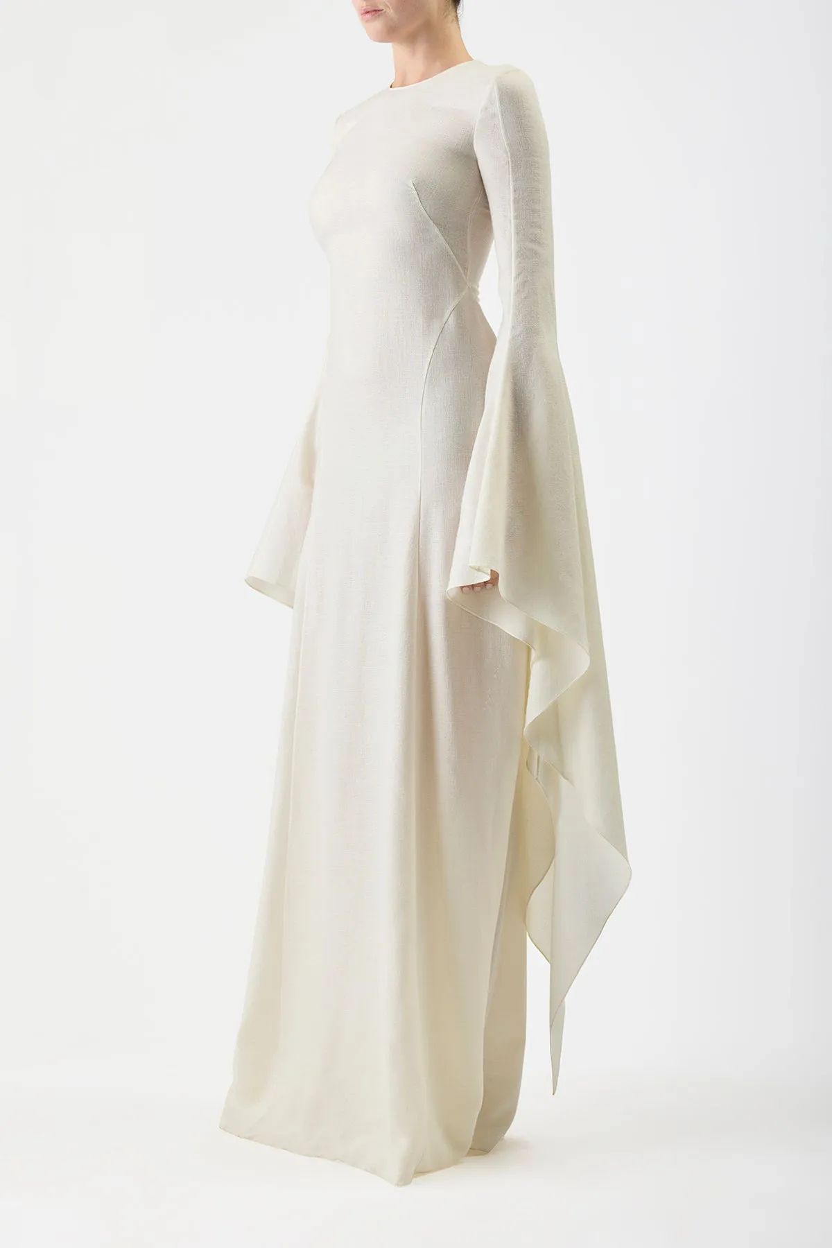 Sigrud Draped Maxi Dress in Ivory Wool Silk Gauze