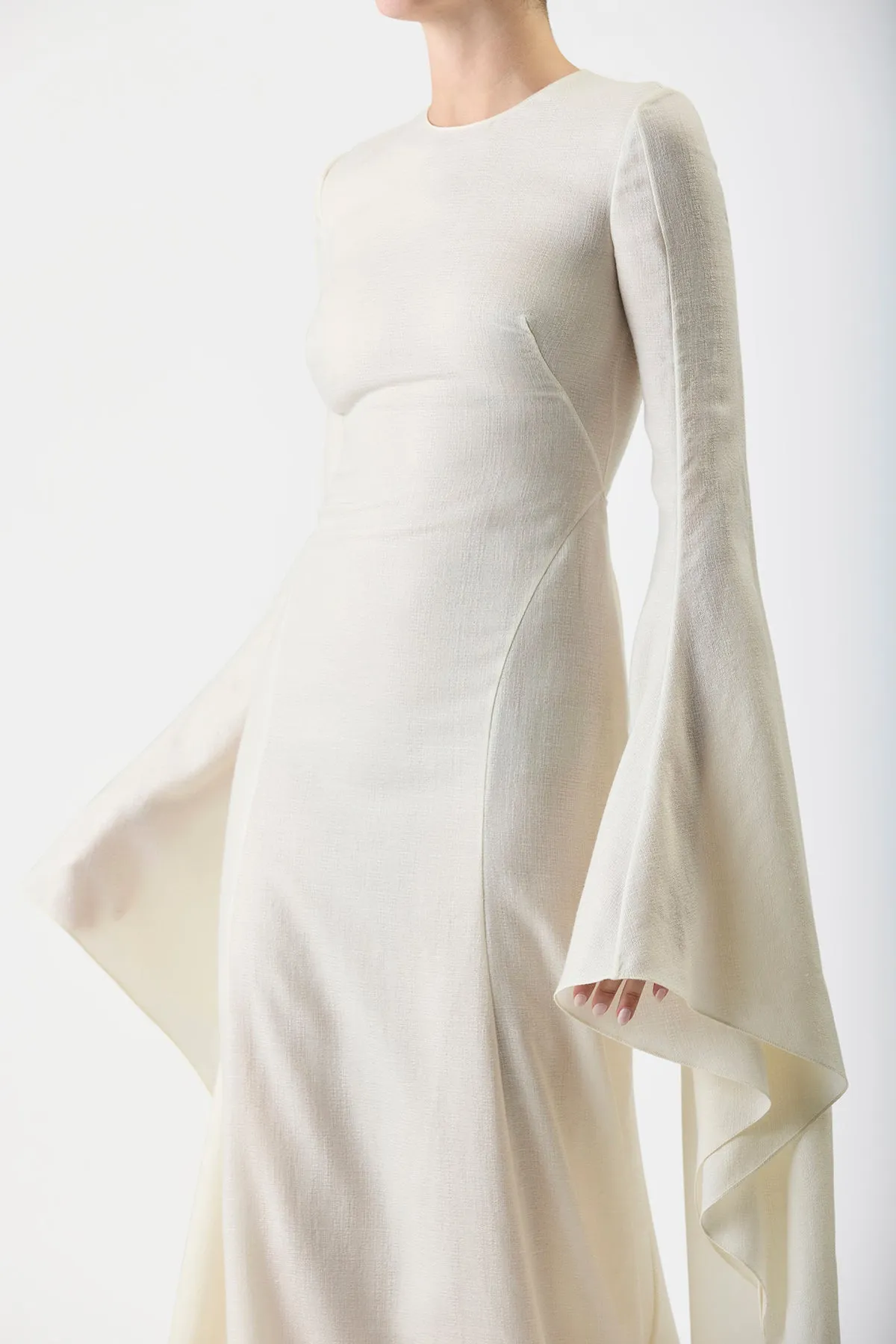 Sigrud Draped Maxi Dress in Ivory Wool Silk Gauze