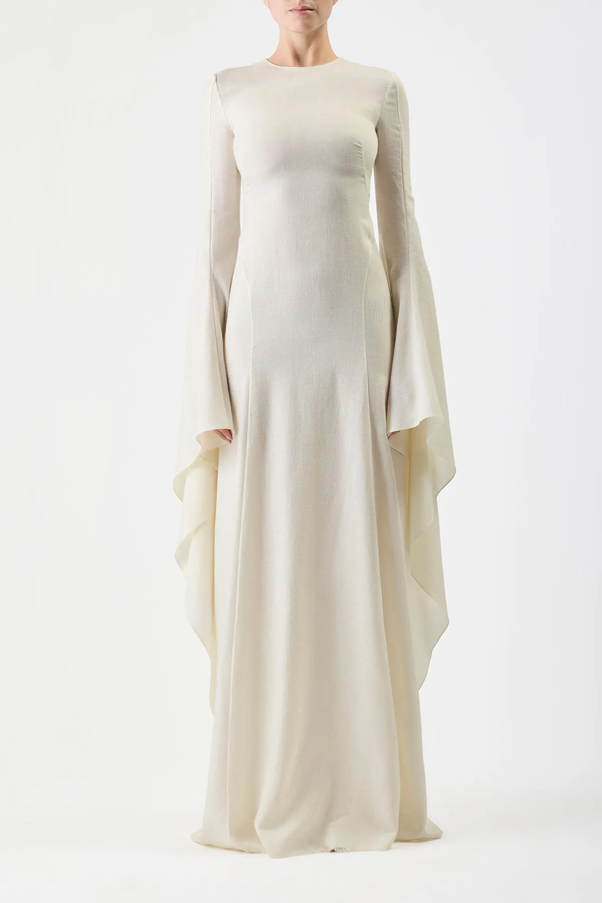 Sigrud Draped Maxi Dress in Ivory Wool Silk Gauze