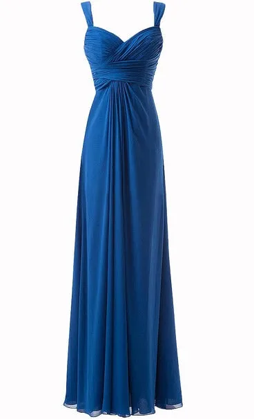 Simple Blue Sweetheart Long Ruffles Chiffon Bridesmaid Dresses