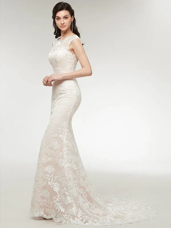 Simple Illusion Lace Mermaid Wedding Dresses with Belt