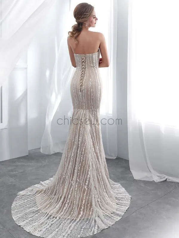 Simple Mermaid Backless Lace Sleeveless Wedding Dress, YKX046