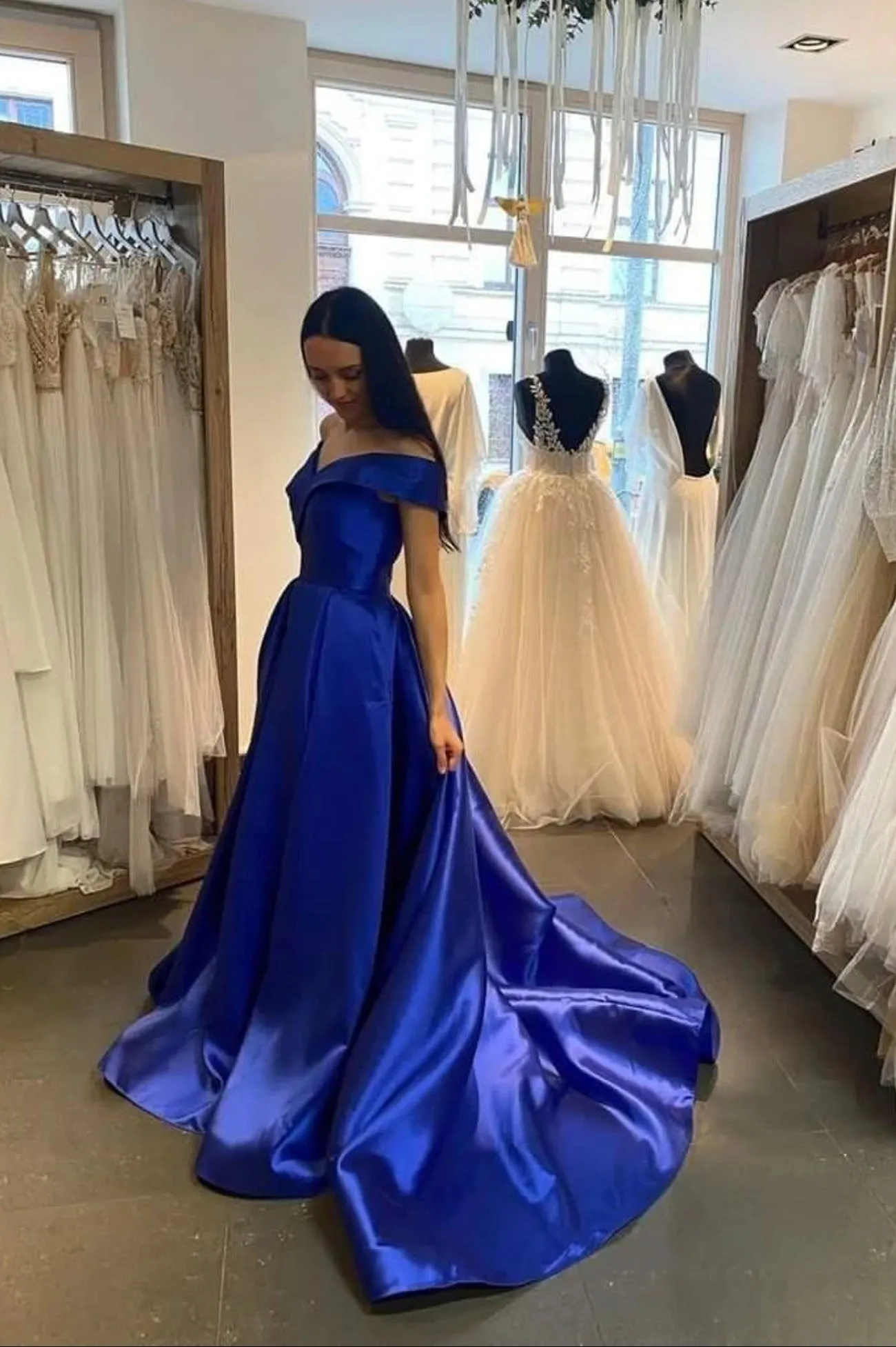 Simple V-Neck Satin Long Prom Dress, Royal Blue Formal Dresses