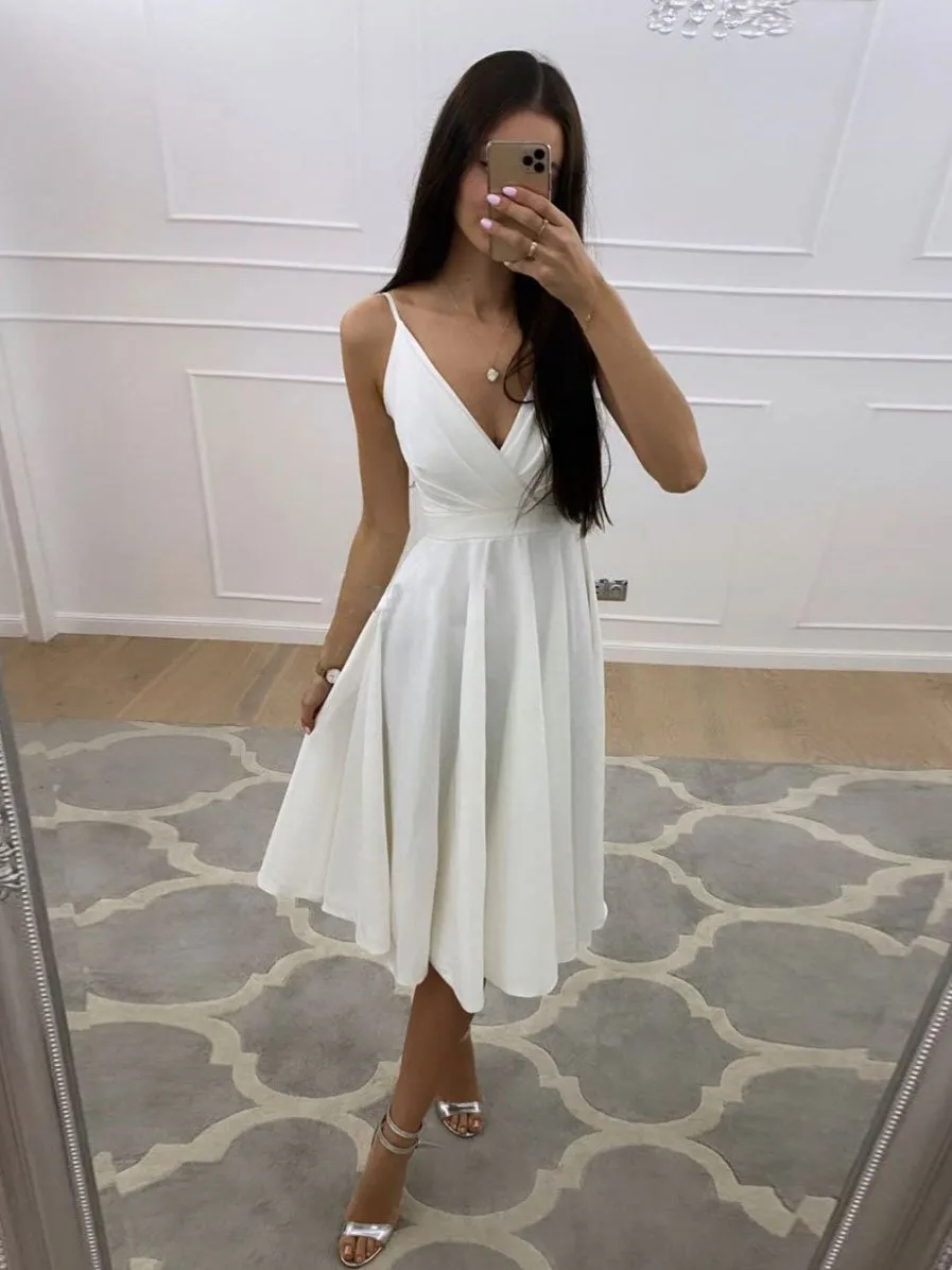 Simple white v neck short prom dress, white homecoming dress