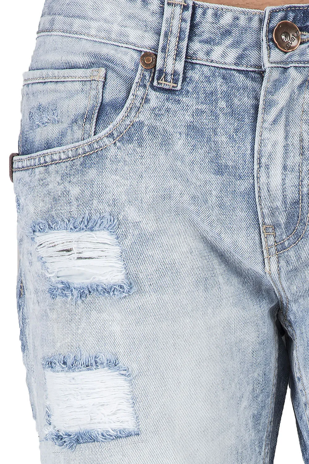 Slim Straight Cloud Blue Premium Denim Signature 5 Pocket Jeans Destroyed & Mended