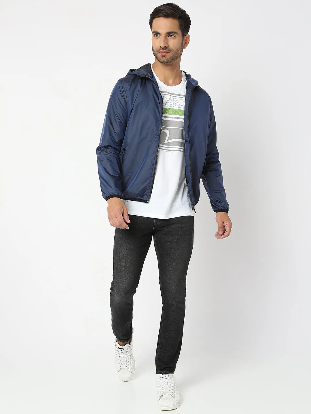 Spykar Men Carbon Blue Cotton Regular Fit Jacket