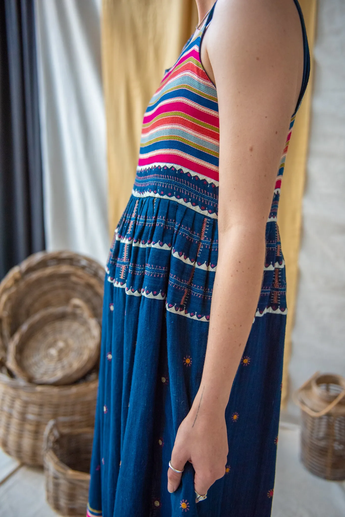 Strappy Indigo Dyed Embroidered Dress with Mashru Silk Bodice