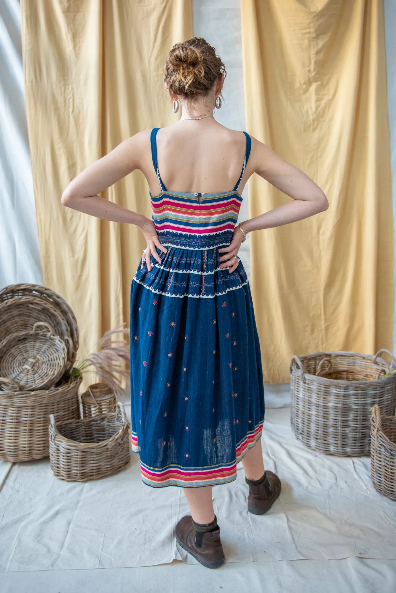 Strappy Indigo Dyed Embroidered Dress with Mashru Silk Bodice