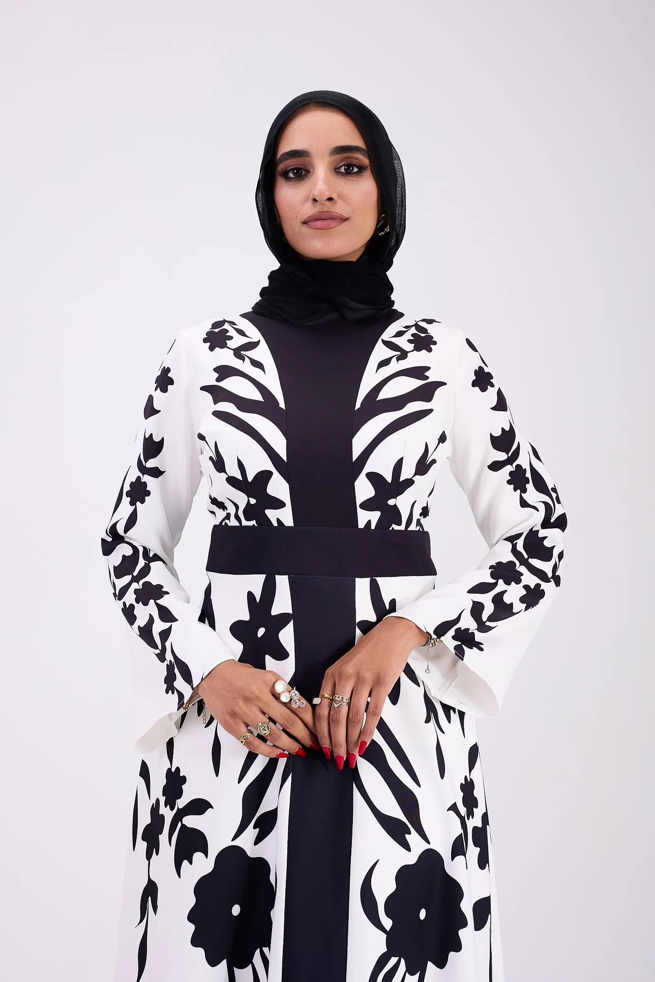 Tabarak Elegant Black and White Crepe Modesty Dress with Floral Accents