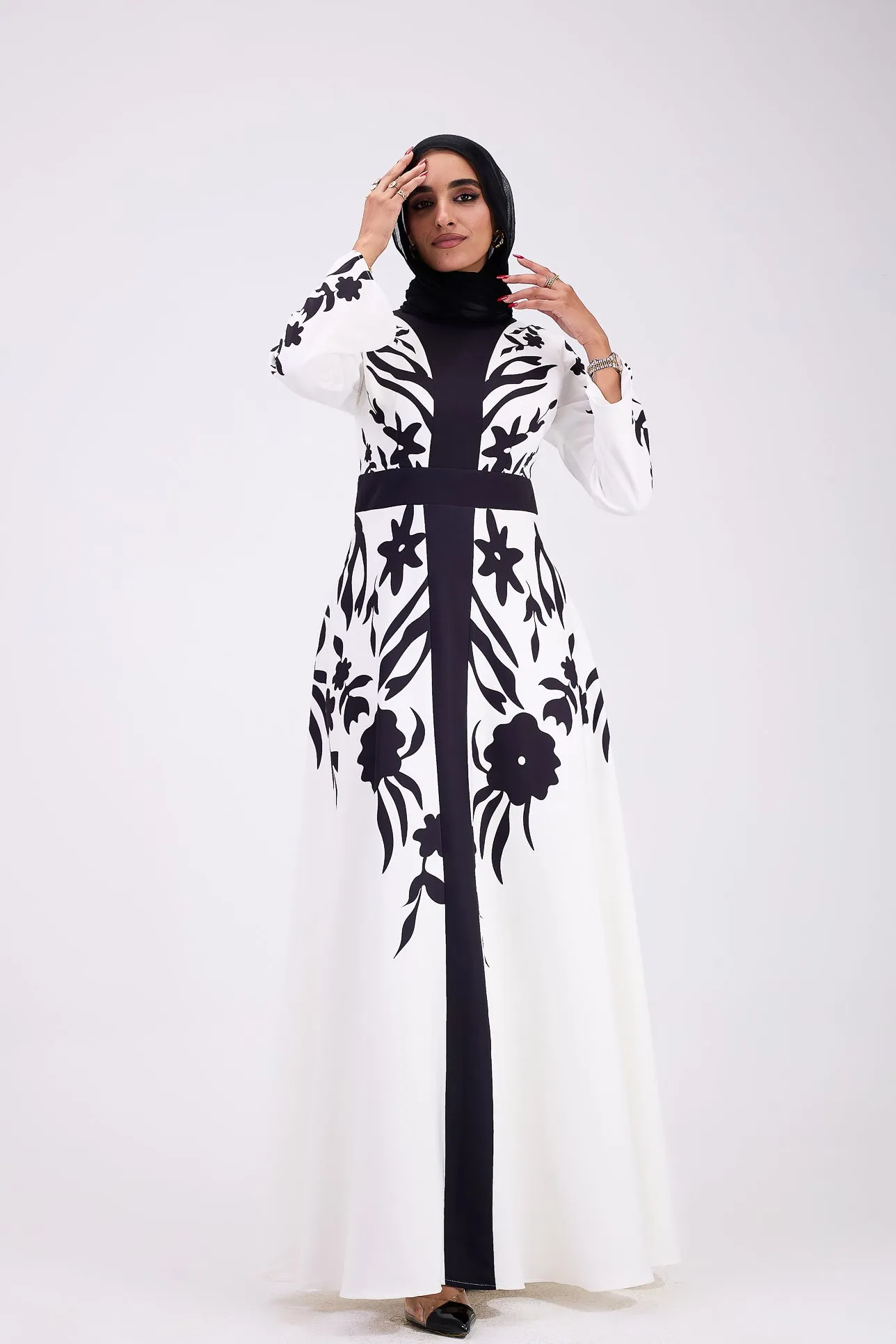 Tabarak Elegant Black and White Crepe Modesty Dress with Floral Accents