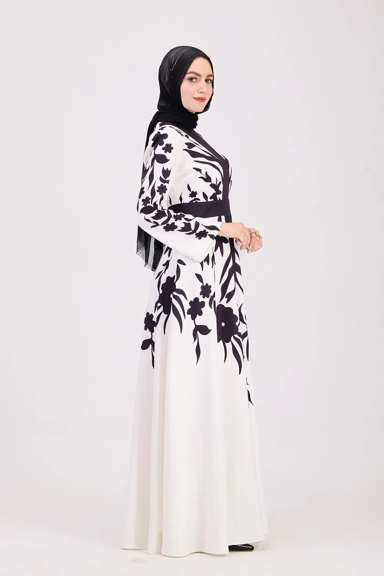 Tabarak Elegant Black and White Crepe Modesty Dress with Floral Accents